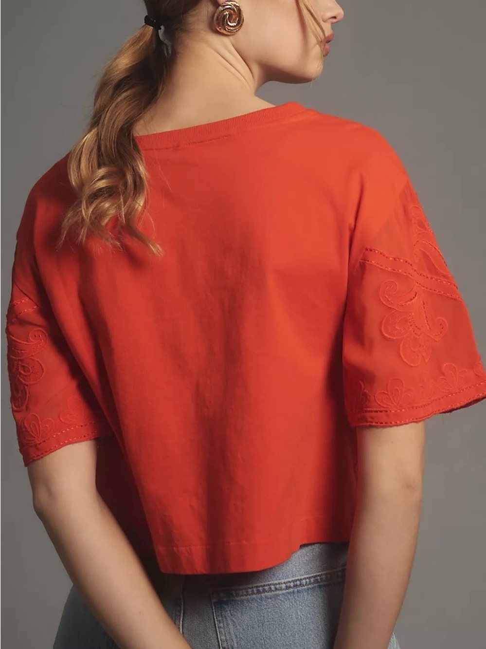 Anthropologie Women’s Rust Orange Sheer Embroidered Boxy Top - Picture 6 of 13